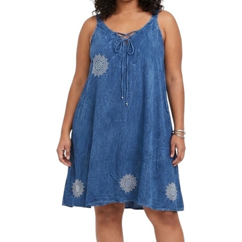 Raya Sun Blue Embroidered Flowy Tank Dress Ties‎ at Neck Size 3X
